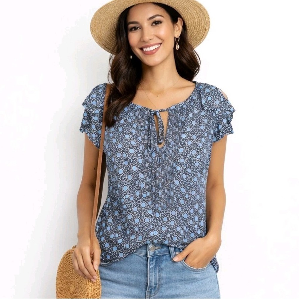 GAP Size XS Geometric Box Pleated Ruffled Sleeveless Tie Neck Boho‎ Festival Top